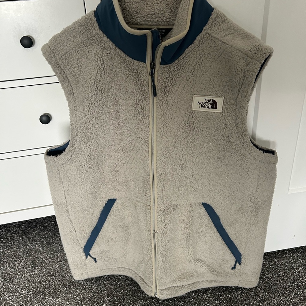 The North Face Cream and Blue Fleece Vest